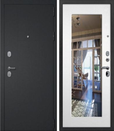 Дверь мет. 3К Модерн черный муар с блестками/ ясень белый ЗЕРКАЛО (860) правая