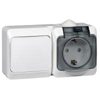 49738 Блок верт.: розетка 1-мест с/з, 250В, 16А+выкл.1-клав,250В,10А,IP54,белый/серый Feron